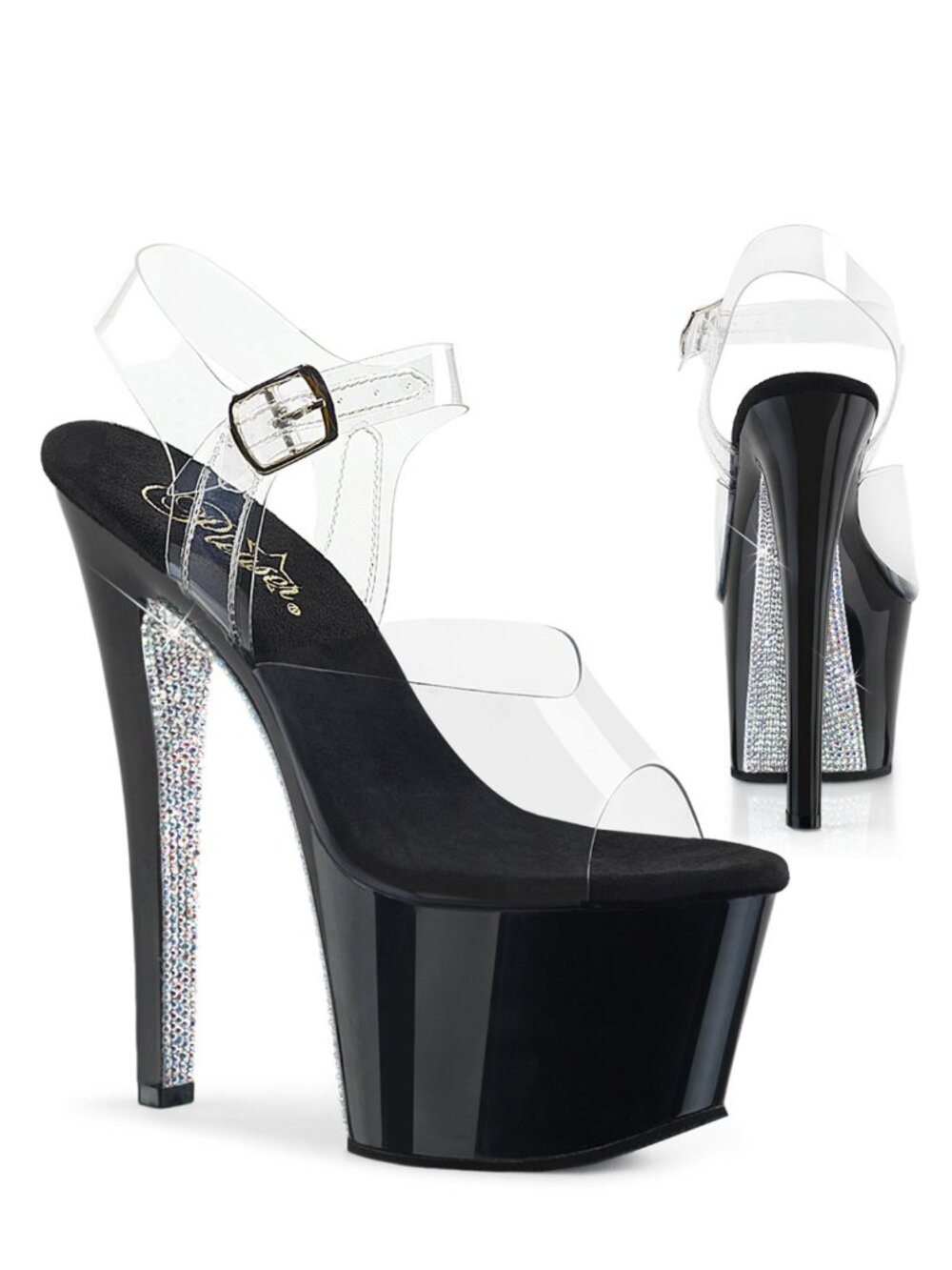 Pleaser Sky-308CRS Black Platform Heels with Rhinestones